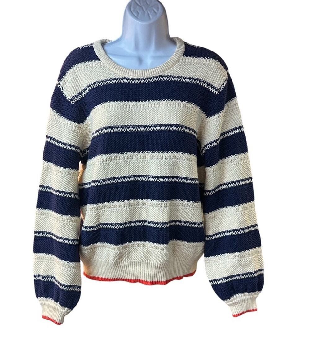Trovata Birds of Paradis Ryann Sweater Navy Ecru Stripe Crewneck Size Large